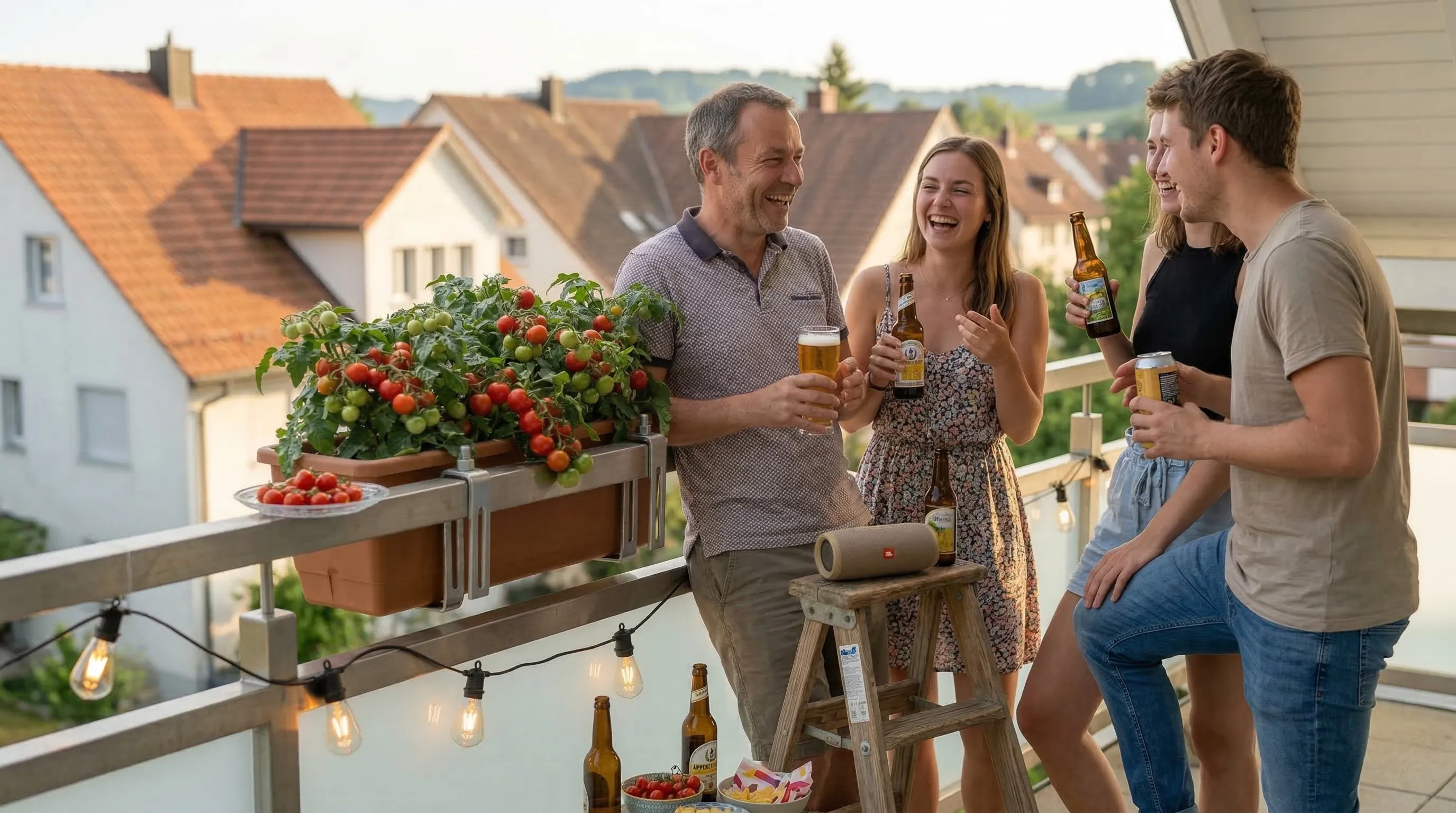 Father and child on the balcony with a planted flower box