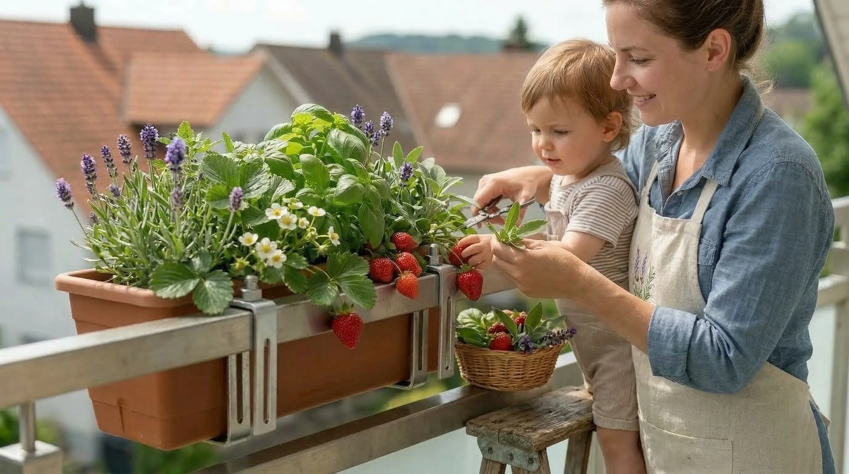 Child harvesting strawberries from a flower box on the balcony