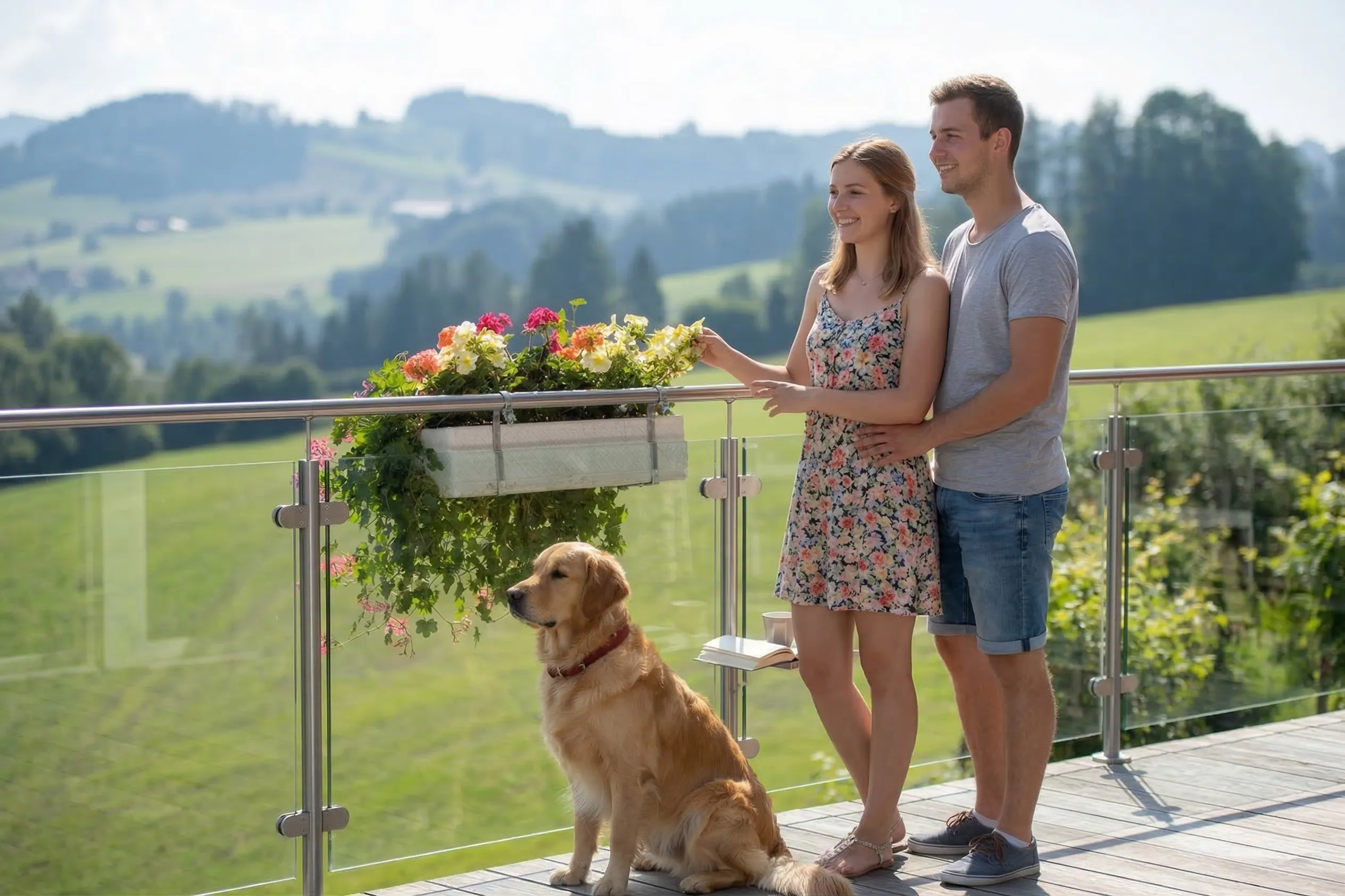 Dog on the balcony, flower box on a round railing in the background
