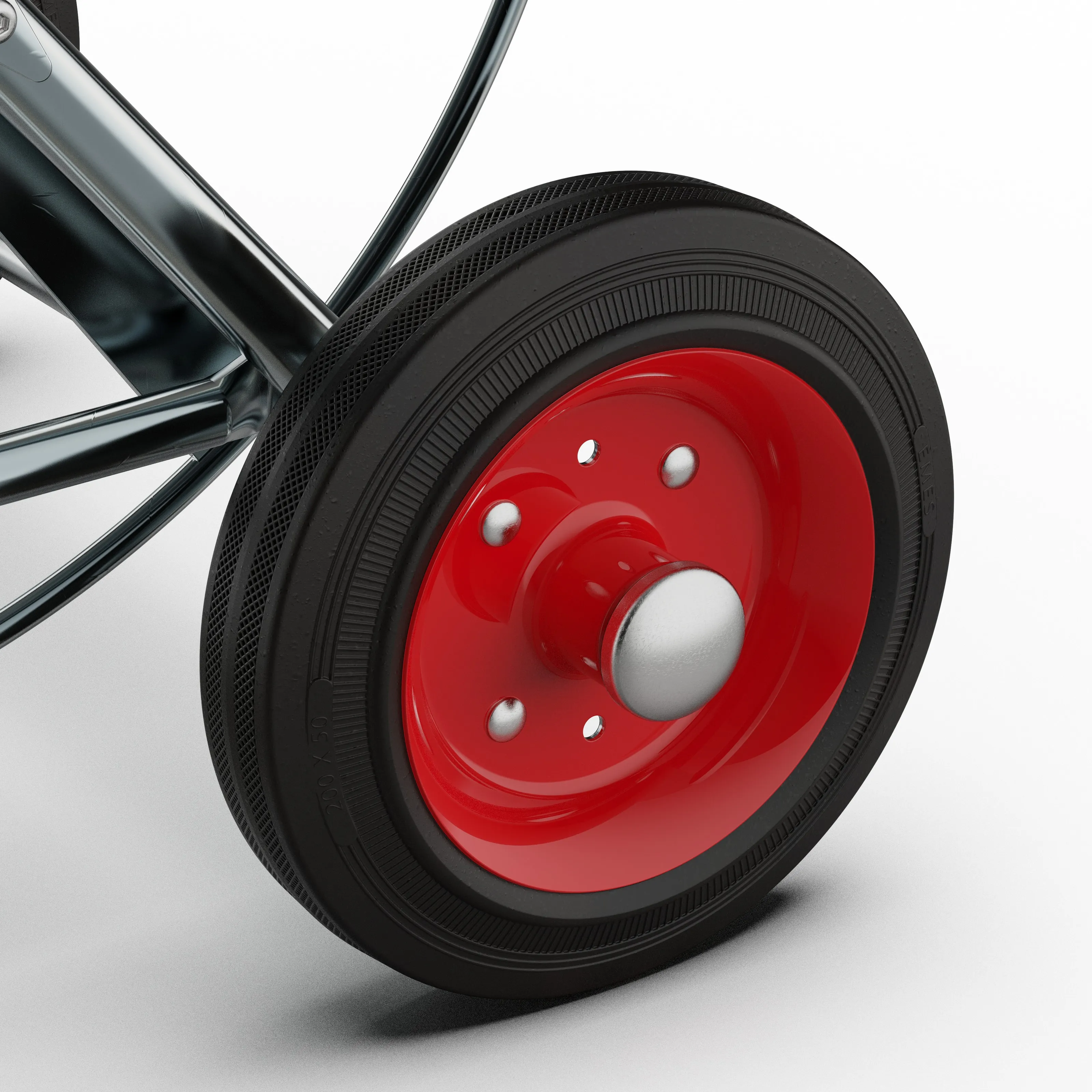 Detail of the 200 mm solid rubber wheels with steel rims