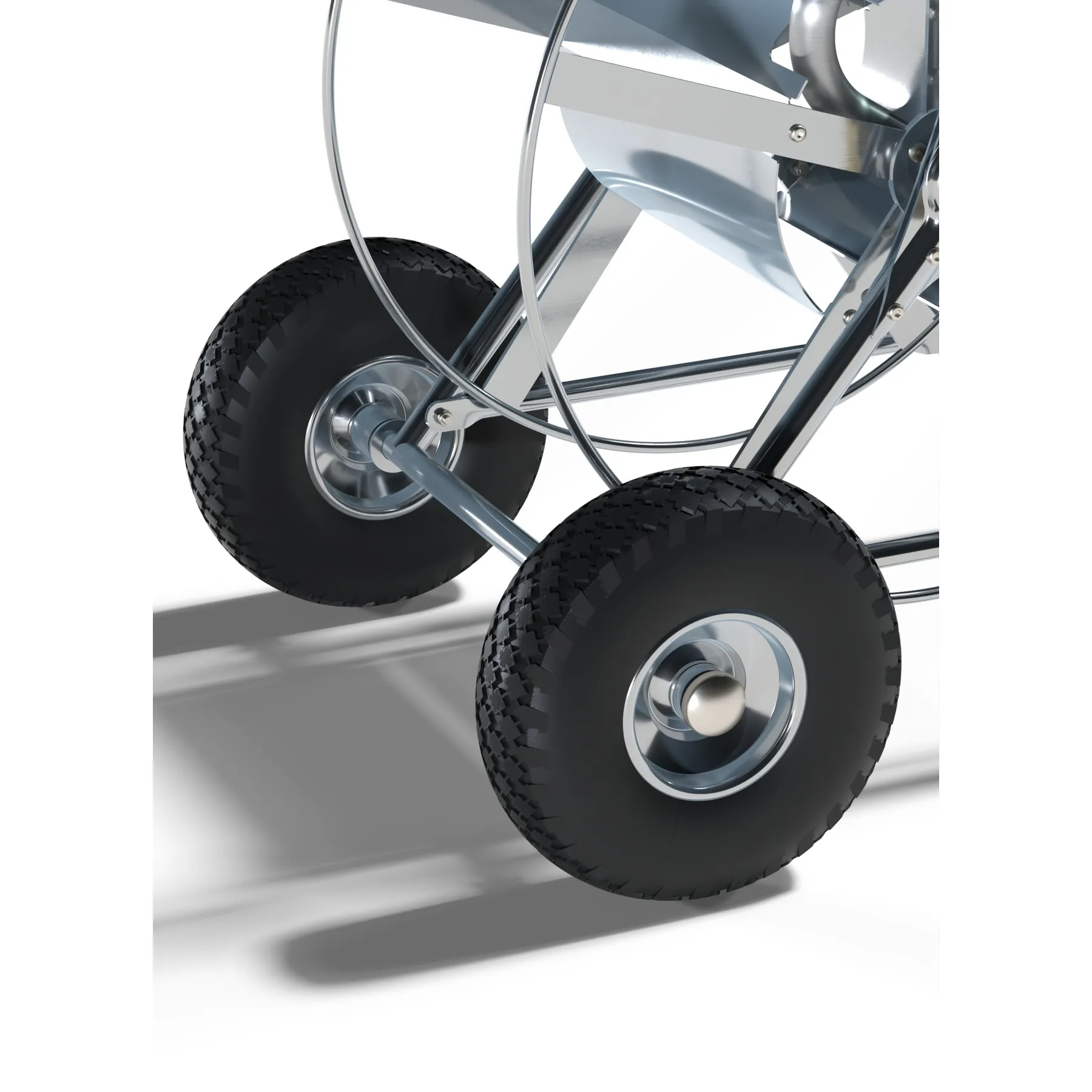 Detail of the 260 mm heavy-duty wheels with steel rim