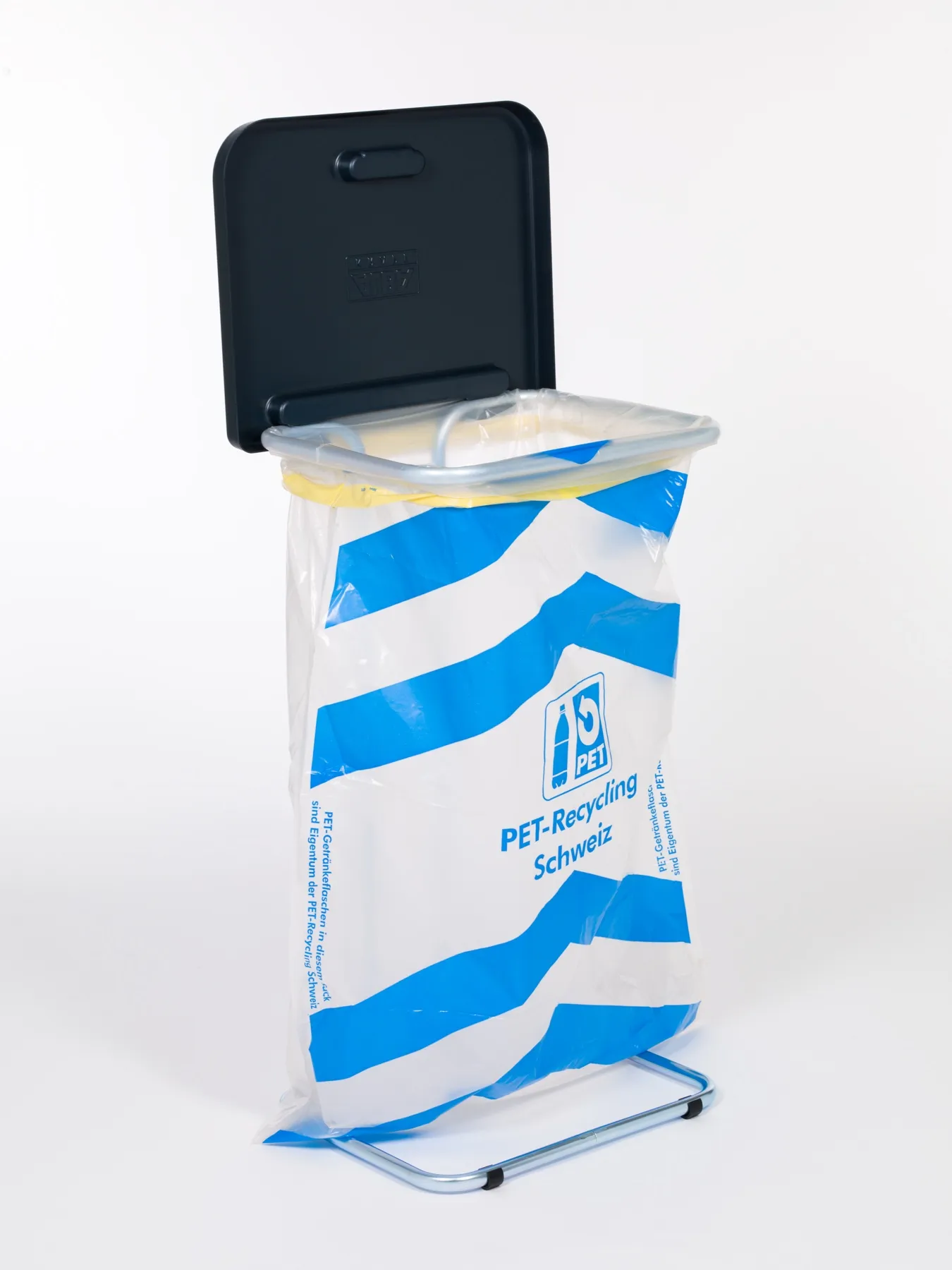 Waste collector with PET recycling bag and open lid