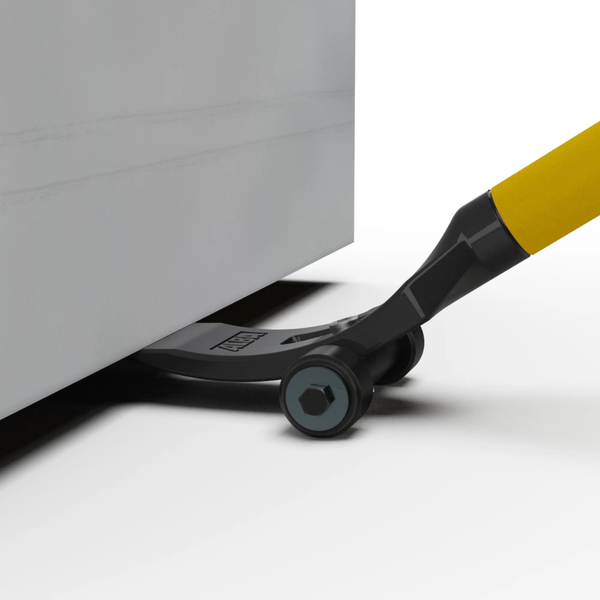 KuliGo roller attachment screwed onto the Kuli, rolling a heavy formwork panel