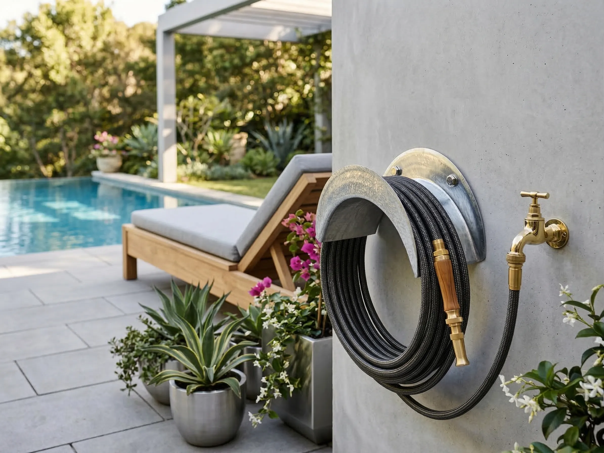 Hose holder BIG mounted on the house wall next to pool and lounger