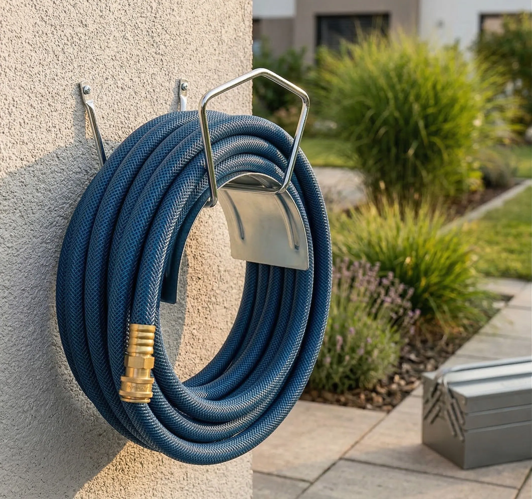 Hose holder MIDI on the house wall with wound-up hose