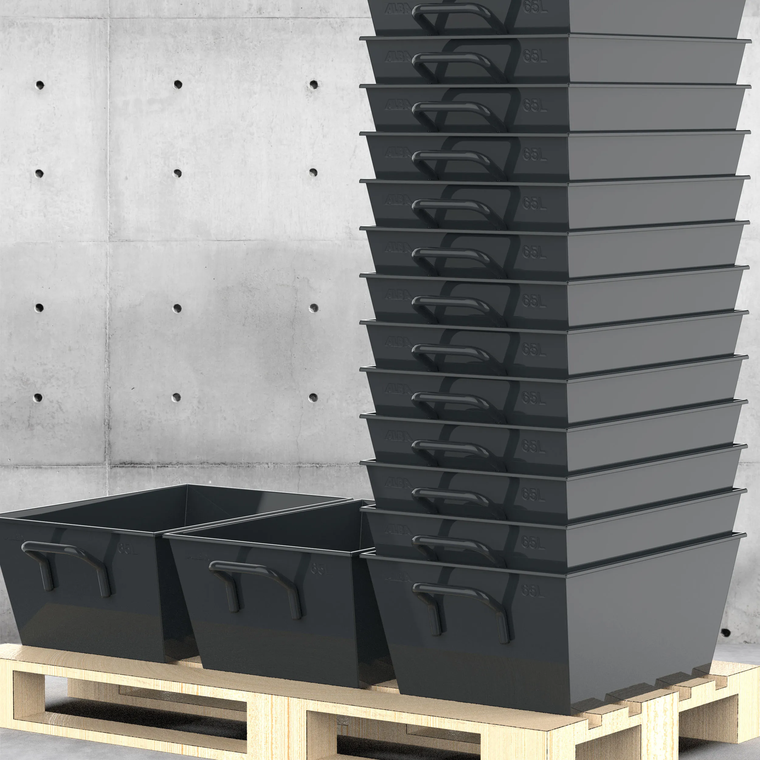 Stacked ALBA mortar tubs on a pallet