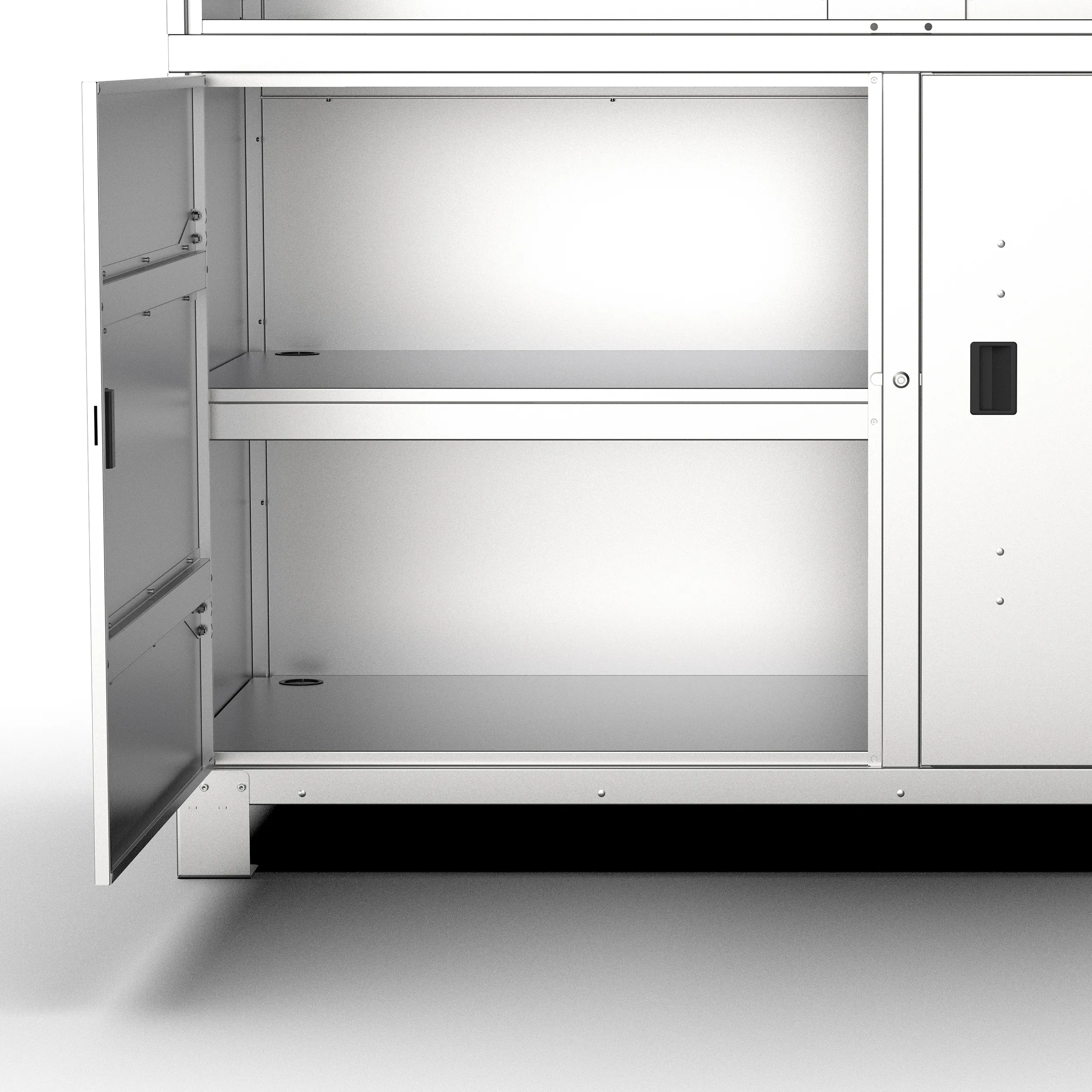 Open lower compartment of the ALBA CommandPoint with shelf